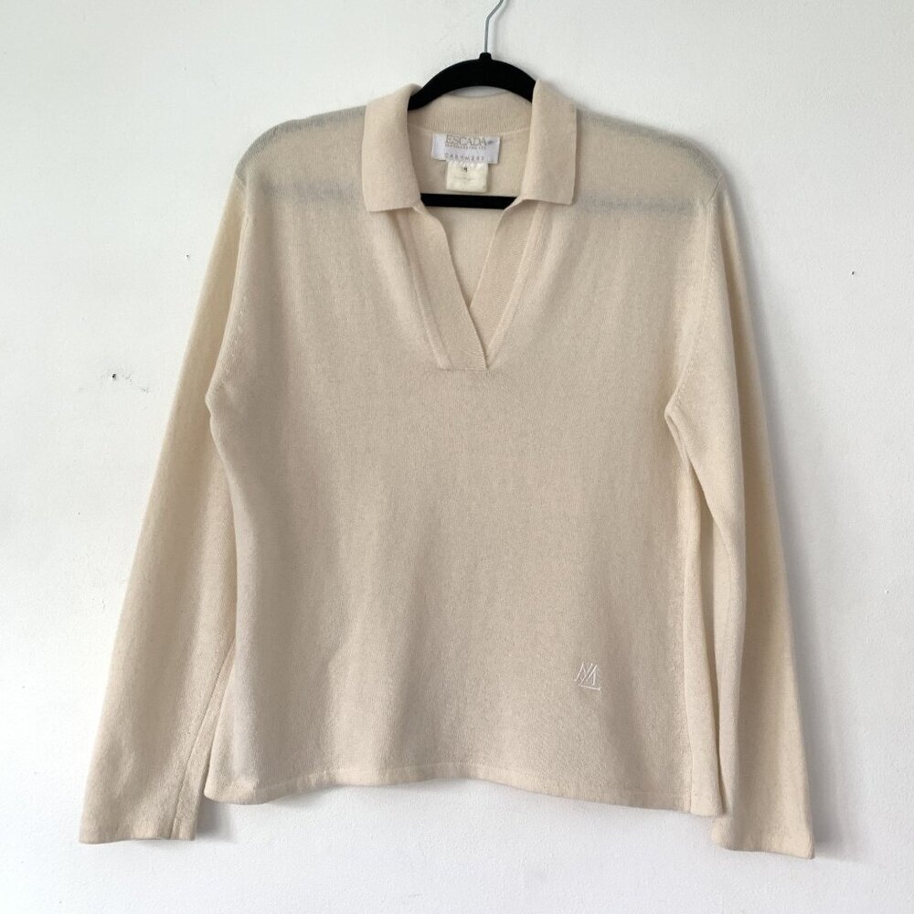 Escada Margaretha Ley Beige Cashmere Long Sleeve Polo Sweater Size 38 Logo